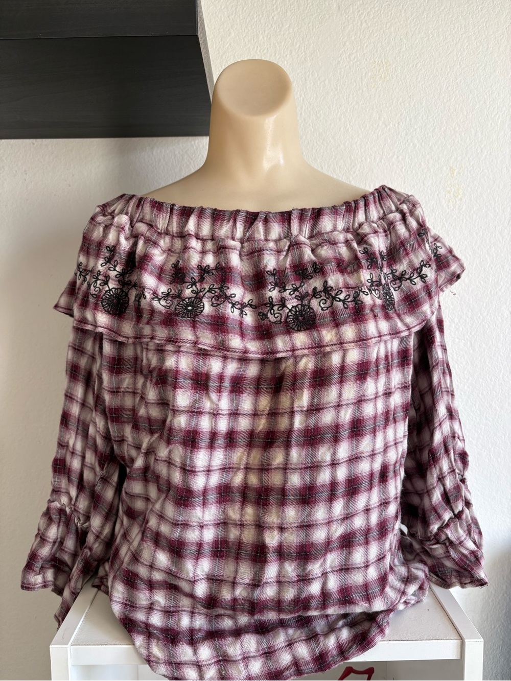 Womens Burgundy Plaid Off-Shoulder Peasant Cowgirl Top